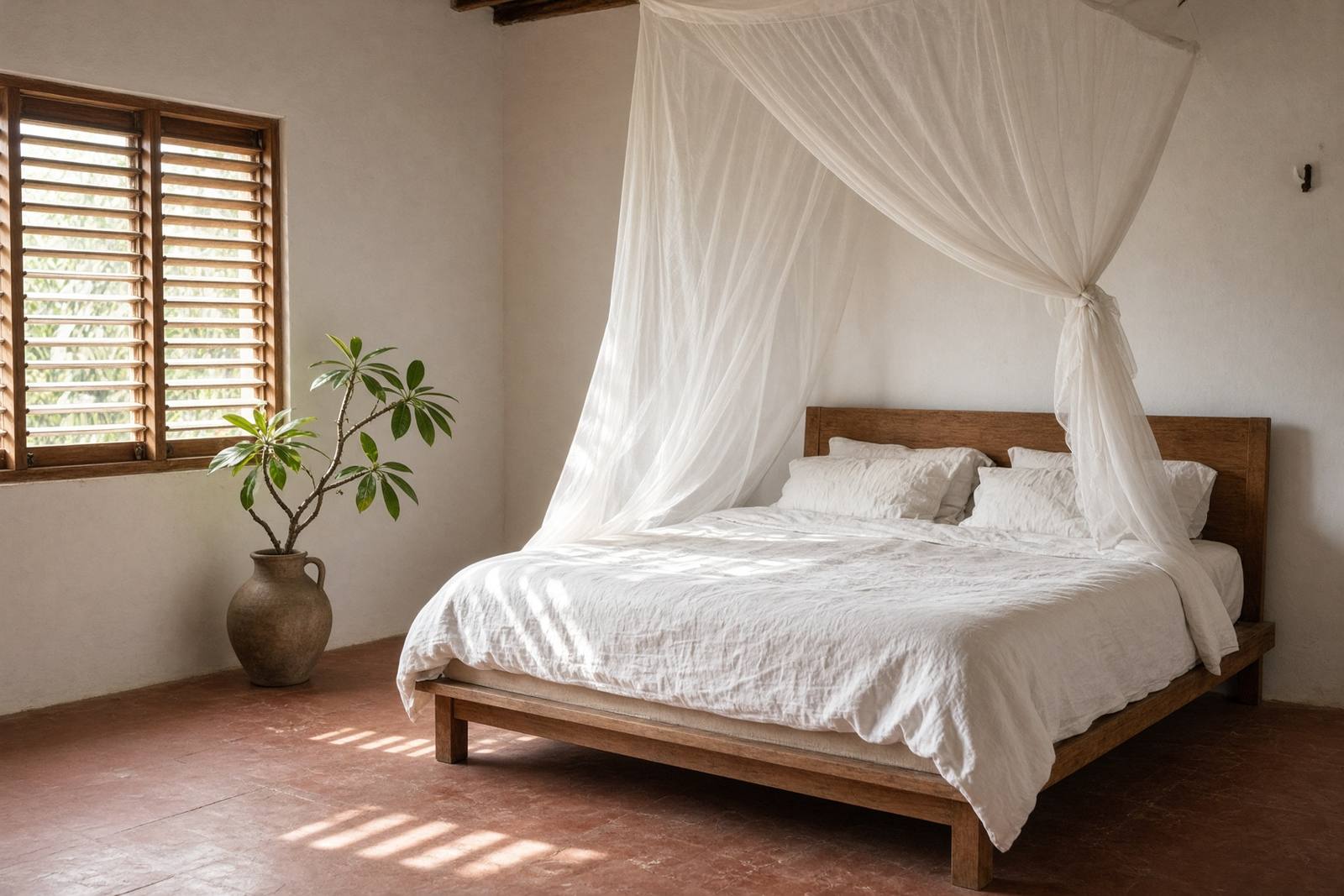 Illustrative bedroom with white linen and louvered light in a coastal house. Not a confirmed listing.