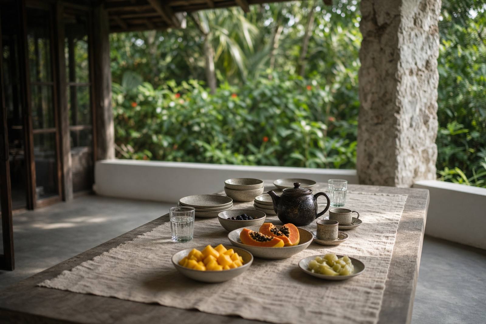 Illustrative breakfast table on a shaded coastal verandah. Not a confirmed family listing.