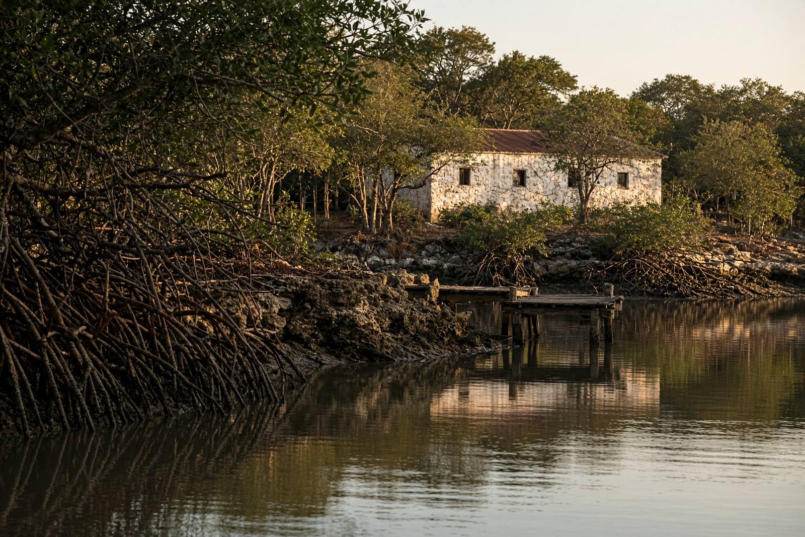 Illustrative view of still creek water, mangroves and a low white house, suggesting Kilifi. Not a confirmed listing.