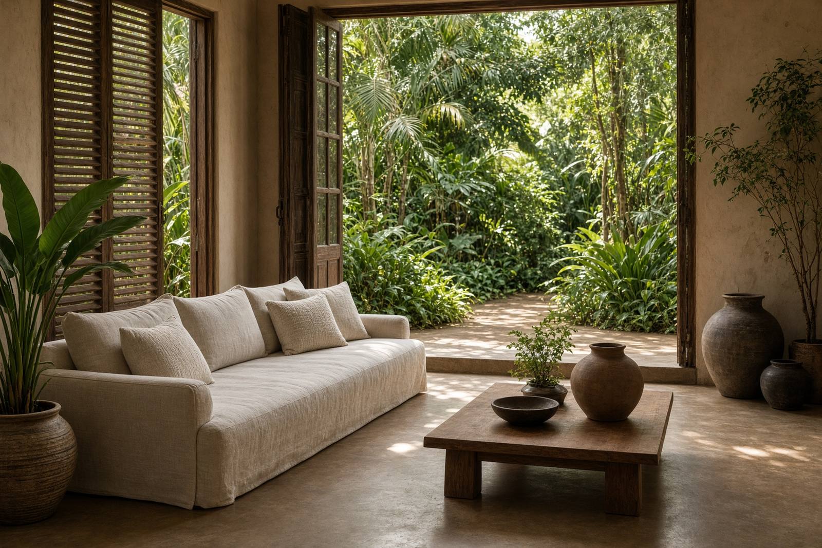 Illustrative living room opening onto a tropical garden. Not a confirmed Kilifi listing.
