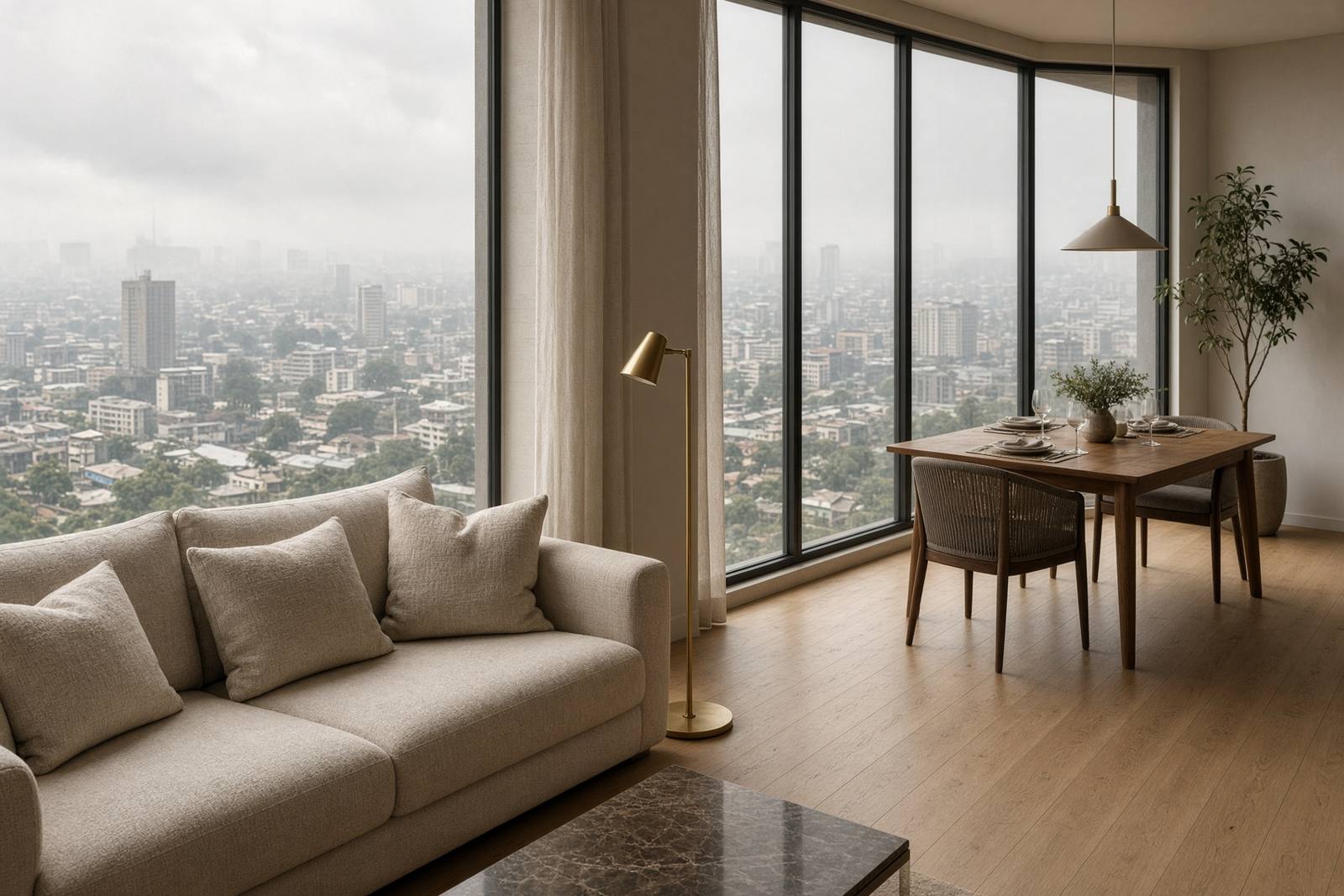 Illustrative interior of a calm furnished apartment with a city view. Not a confirmed Nairobi listing.