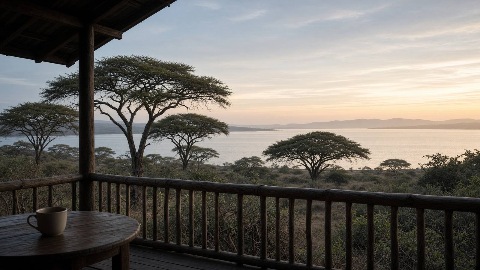 Illustrative verandah looking toward a lake and acacia trees. Not a confirmed Naivasha listing.