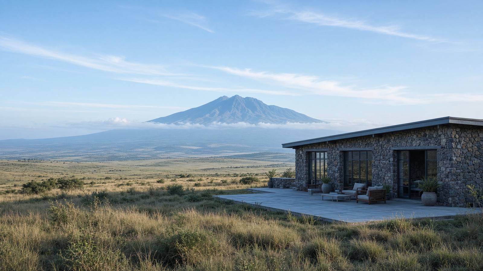 Illustrative view of a low stone house, highland grass and a distant mountain, suggesting Nanyuki. Not a confirmed listing.